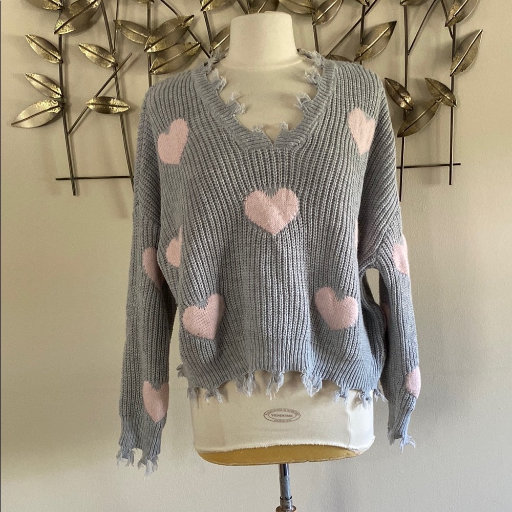 No Boundaries Gray and Pink V-Neck Sweater